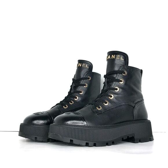 CHANEL Shoes - Chanel Calfskin CC Cap Toe Leather Lace Up Lug Sole Platform Combat Boots 38